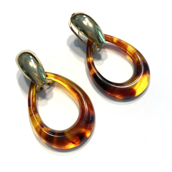Vintage Pierced Earrings Faux Tortoise Shell Hoops Doorknockers Drop & Dangle - Picture 1 of 7